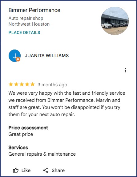 Review of Bimmer Performance By JUANITA WILLIAMS