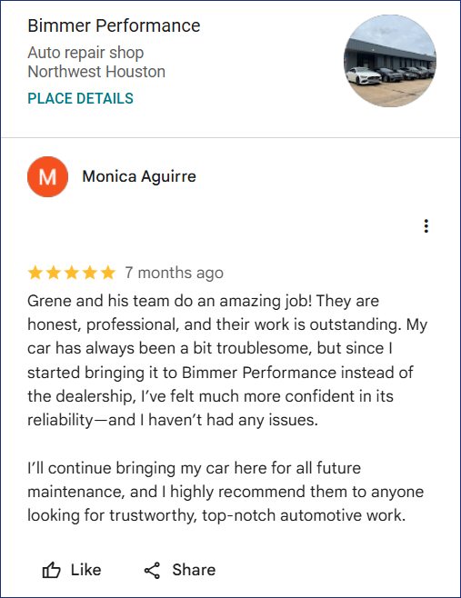 Review of Bimmer Performance By Monica Aguirre